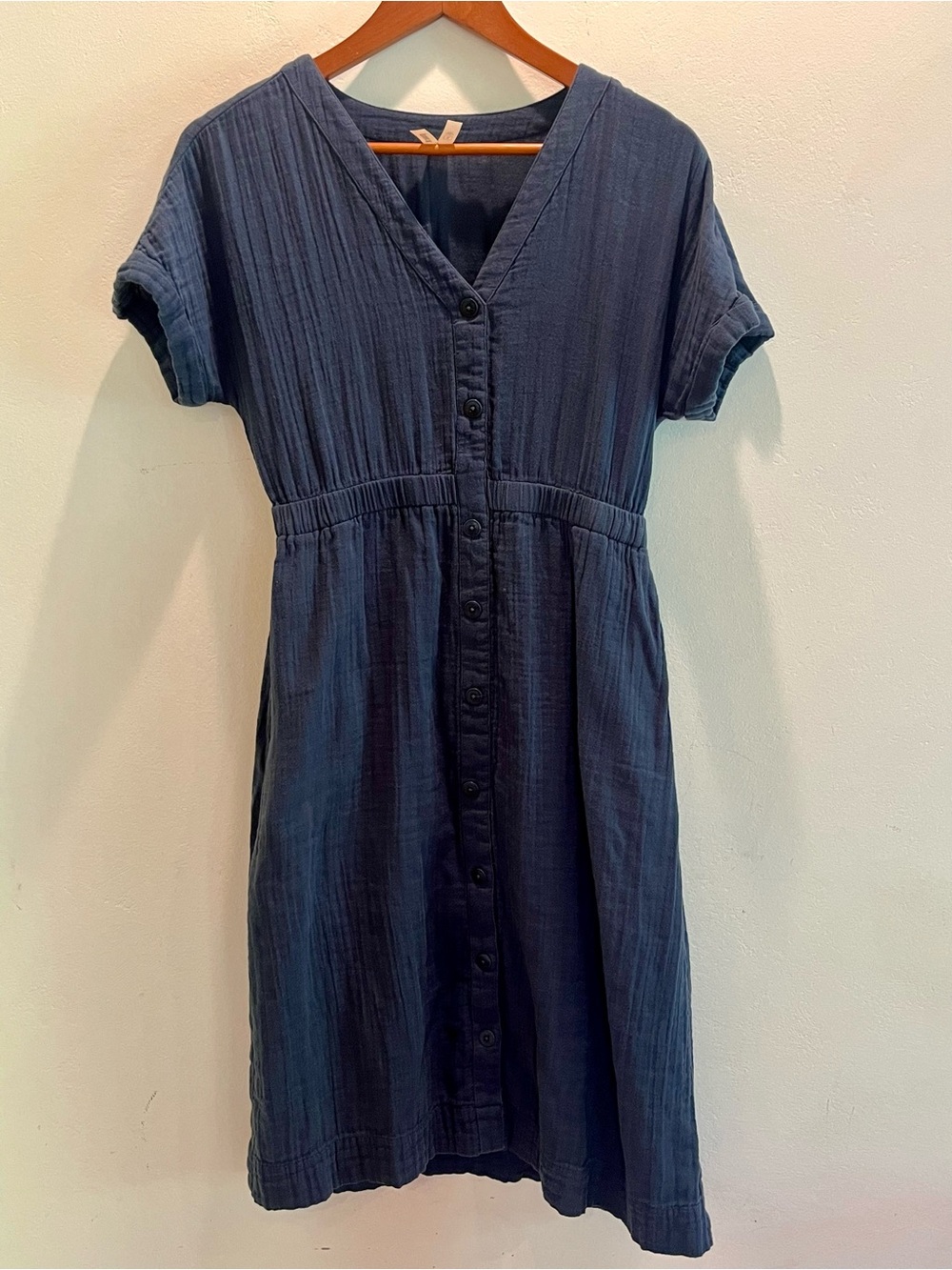 Pact Navy Coastal Double Gauze V-Neck Cotton Dress with Buttons
